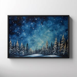 Pintura de bosque de invierno, arte de pared imprimible con pino nevado, decoración navideña con cielo estrellado de invierno, impresión navideña celestial de bosque helado