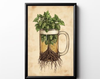 Roots of Beer Print, Printable Beer Wall Art Bar Brewery Artwork Vintage Hops Tree Painting Brewer Gift Craft Beer Lover Poster Dorm Decor