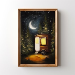 Printable Vintage Camper Painting, Rustic Cabin Decor Camper Print Camping Gift Outdoor Adventure Artwork Campy RV Night Sky Forest Wall Art