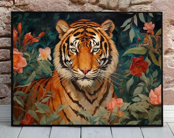 Boho Tiger Print, Printable Jungle Tiger Wall Art, Vintage Floral Tiger Poster, Maximalist Bedroom Decor Botanical Animal Trendy Dorm Poster