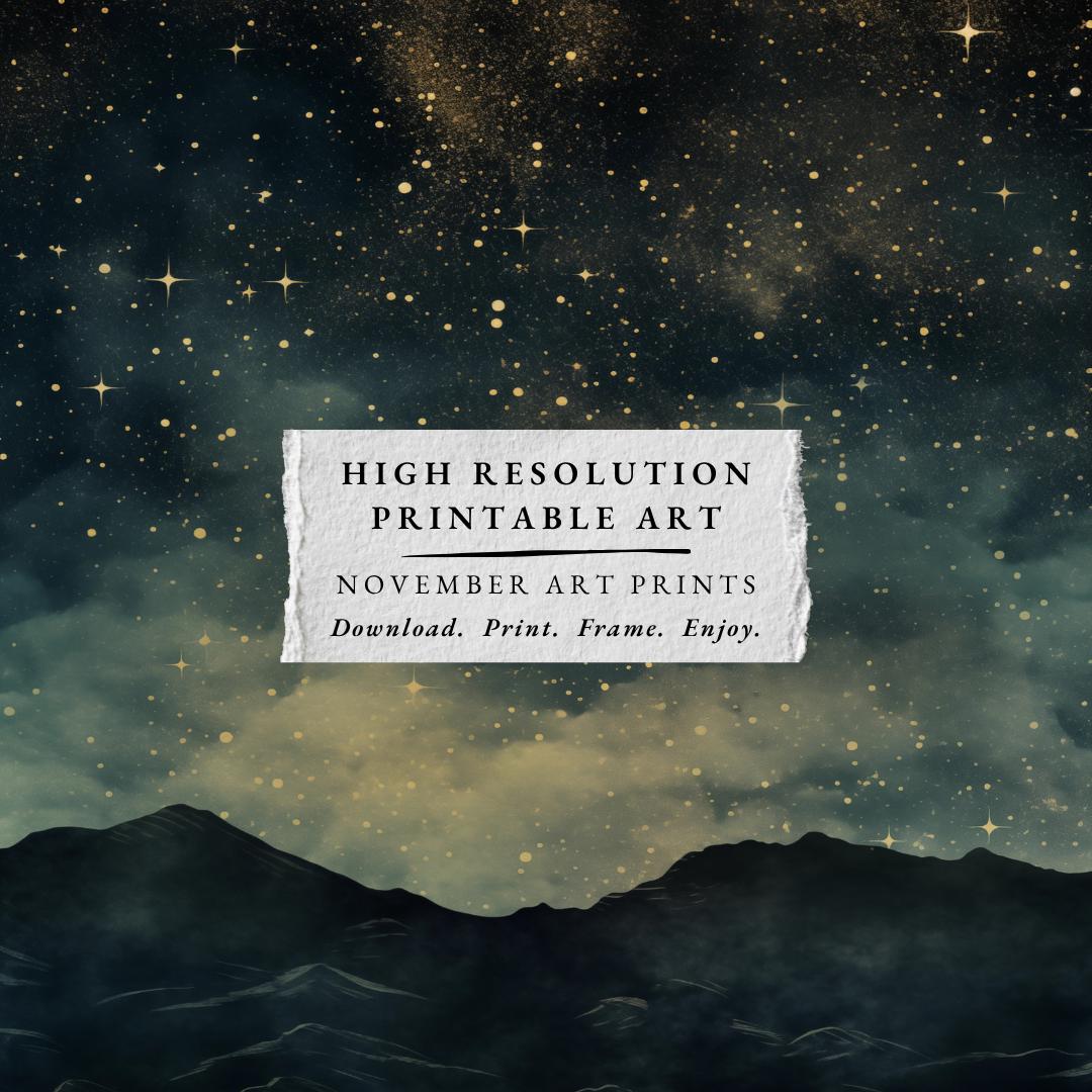 Moody Night Sky Art Print, Printable Starry Mountain Wall Art, Retro ...