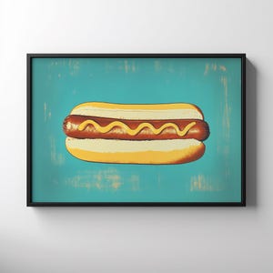 Impresión retro de hot dogs, arte de pared imprimible de hot dogs, arte divertido de comida, póster de salchichas, decoración de cocina retro, regalo para amantes de las barbacoas, arte de puesto de concesión peculiar
