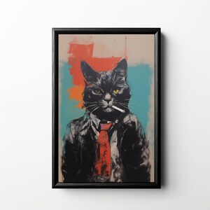 May include: A black cat wearing a red tie and a leather jacket, with a cigarette in its mouth. The cat is against a colorful abstract background.