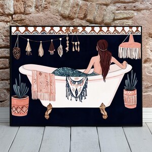 Boho Meerjungfrau Bad Print, druckbare Badezimmer Wandkunst, Selbstfürsorge Poster, beruhigendes Spa-Dekor, ruhiges Kaktus Strandhaus Gästebad Küsten AirBnB