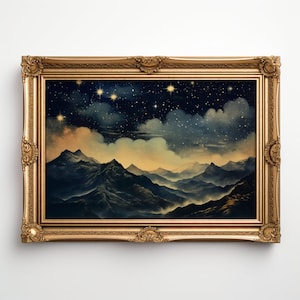 Impresión de cielo estrellado nocturno, arte de pared imprimible de montañas brumosas con observación de estrellas, póster celestial, pintura retro de brujas de la academia oscura, arte de galaxia brumosa