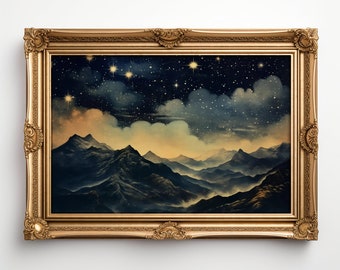 Starry Night Sky Print, Printable Star Gazing Misty Mountains Wall Art Celestial Poster Dark Academia Retro Witchy Painting Foggy Galaxy Art