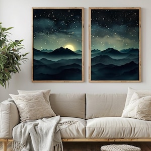 Night Sky Print Set, Printable Mountain Moon Wall Art, Celestial Gallery Moody Dark Academia Bundle, Starry Evening Misty Galaxy Diptych