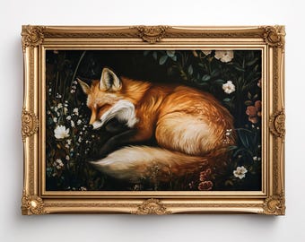 Sleeping Fox Print, Printable Moody Fox Painting, Botanical Dark Academia Animal Print, Reading Nook Artwork Library Decor Victorian Floral