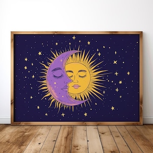 Himmlischen Mond und Sonne Art Print, druckbare Sternenhimmel Wandkunst, kosmische Meditationsraum Kinderzimmer schlafender Mond Sterne Kunstwerk Wohnheim Dekor