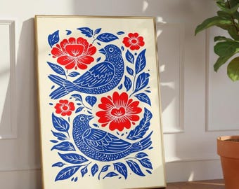 Folk Art Birds Print: Printable Scandi Wall Art, Floral Cottagecore Decor, Boho Birds Poster