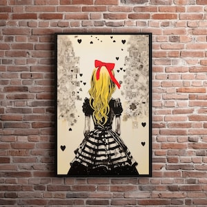 Gotycka Alicja w Krainie Czarów Wydruk, Surrealistyczna Sztuka Ścienna Do Wydrukowania, Czarne Serca Mroczna Akademia Plakat Pisarz Prezent Moody Dekoracja Klasa Artystyczna Dziewczyna