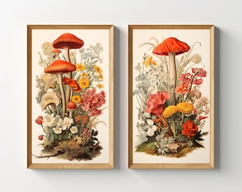 Vintage Mushroom Print Set Printable Floral Mushrooms Wall Art Flowers Artwork Mycology Lithograph Retro Botanical Cottagecore Kitchen Decor