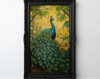 Pintura de pavo real boho, pavo real art déco imprimible, impresión art nouveau, arte de pared boho, arte francés vintage, obra de arte de pavo real, pintura boho