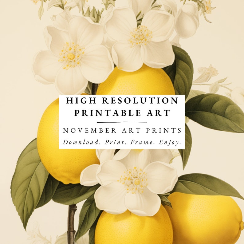 May include: A digital art print featuring a botanical illustration of white flowers and yellow lemons. The text "HIGH RESOLUTION PRINTABLE ART NOVEMBER ART PRINTS Download. Print. Frame. Enjoy." is displayed on a white background.