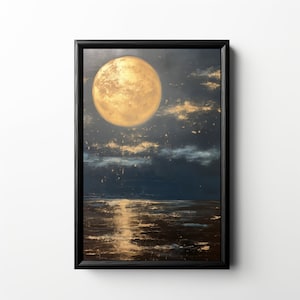 Vintage Nachthimmel Ölgemälde, druckbare Vollmond über dunklem Wasser Wandkunst, goldener Mond himmlischen Druck, schwermütige dunkle Academia, sternenklare Nacht