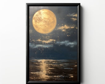 May include: A framed painting of a large, golden moon over a dark blue ocean. The moon is in the upper left corner of the painting, and the ocean is in the lower right corner. The painting is framed in a black frame.