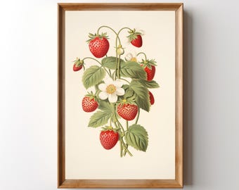 Vintage Botanical Strawberry Print: Printable Retro Kitchen Decor, Fruit Wall Art