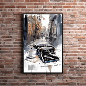 Beat Generation Typewriter City Watercolor, Printable Beatnik Vintage Typewriter Cityscape, Coffeeshop Wall Art, Poet Writer Gift Cafe Print