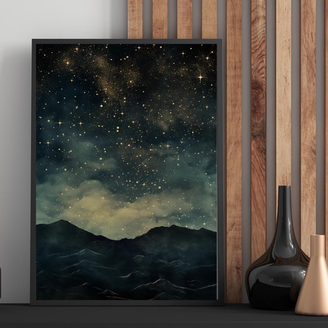 Moody Night Sky Art Print, Printable Starry Mountain Wall Art, Retro ...