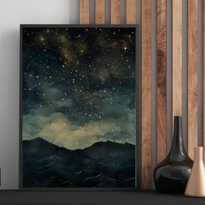 Moody Night Sky Art Print, Printable Starry Mountain Wall Art, Retro Celestial Dark Academia Poster Misty Galaxy Painting Cabin Rental Decor