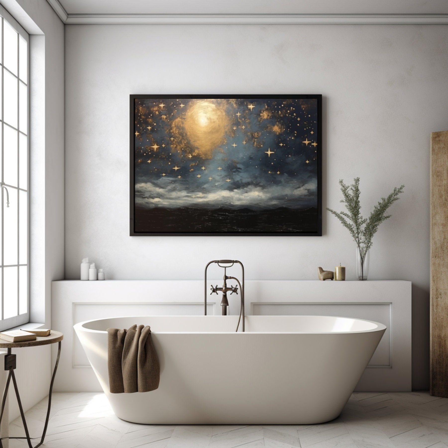Vintage Night Sky Art Print, Printable Moon and Stars Wall Art, Moody ...