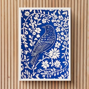 Block Art Bird Print, Printable Vintage Folk Art Poster, Scandinavian Bedroom Decor Boho Floral Minimalist Wall Art Cottagecore Linocut Art
