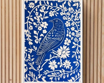 Block Art Bird Print, Printable Vintage Folk Art Poster, Scandinavian Bedroom Decor Boho Floral Minimalist Wall Art Cottagecore Linocut Art