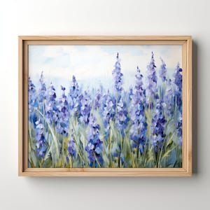 Delphinium Flower Field Painting, Printable Wildflower Larkspur Wall Art, Impasto Van Gogh Style Bluebonnet Floral, July Birth Flower Print