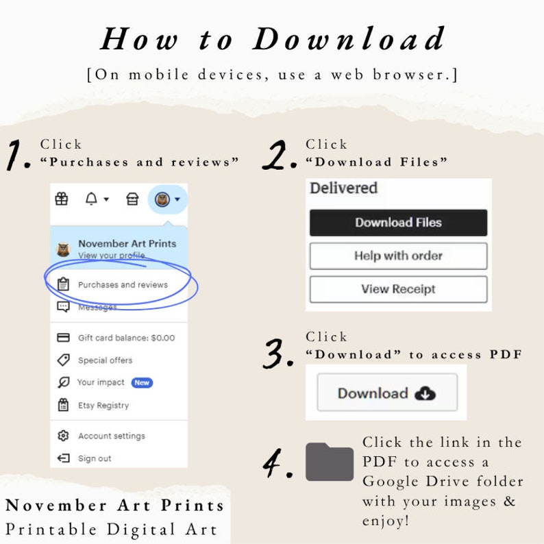 May include: A step-by-step guide on how to download digital art prints from Etsy. The image shows a screenshot of the Etsy app with instructions on how to access the "Purchases and reviews" section, then click "Download Files" to access the PDF file containing the digital art prints.