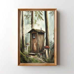 Woodland Outhouse Print, Printable Rustic Cabin Bathroom Wall Art Mushroom Forest Camper Decor AirBnB Rental Cottagecore Guest Bath Artwork