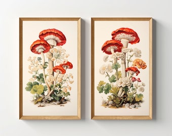 Floral Mushroom Print Set, Printable Vintage Mushroom Illustrations, Retro Botanical Cottagecore Decor, Mycology Lithograph Kitchen Wall Art