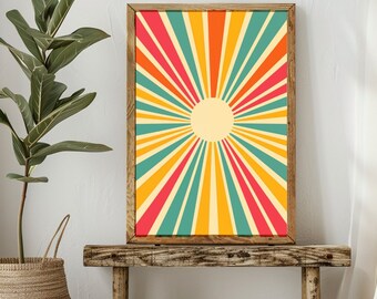 Boho Sun Art Print, Printable Sunshine Wall Art, Retro Sunrise Dorm Wall Art, Midcentury Modern Vintage Sun Ray Poster, AirBnB Rental Decor