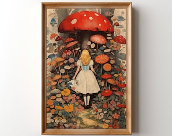 Vintage Alice Mushroom Wonderland Print, Printable Wonderland Wall Art, Botanical Trippy Dorm Poster Magic Toadstool Retro Psychedelic Print