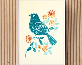 Printable Folk Art Bird Print, Vintage Block Print Poster, Scandinavian Bedroom Decor Boho Floral Scandi Wall Art, Cottagecore Linocut