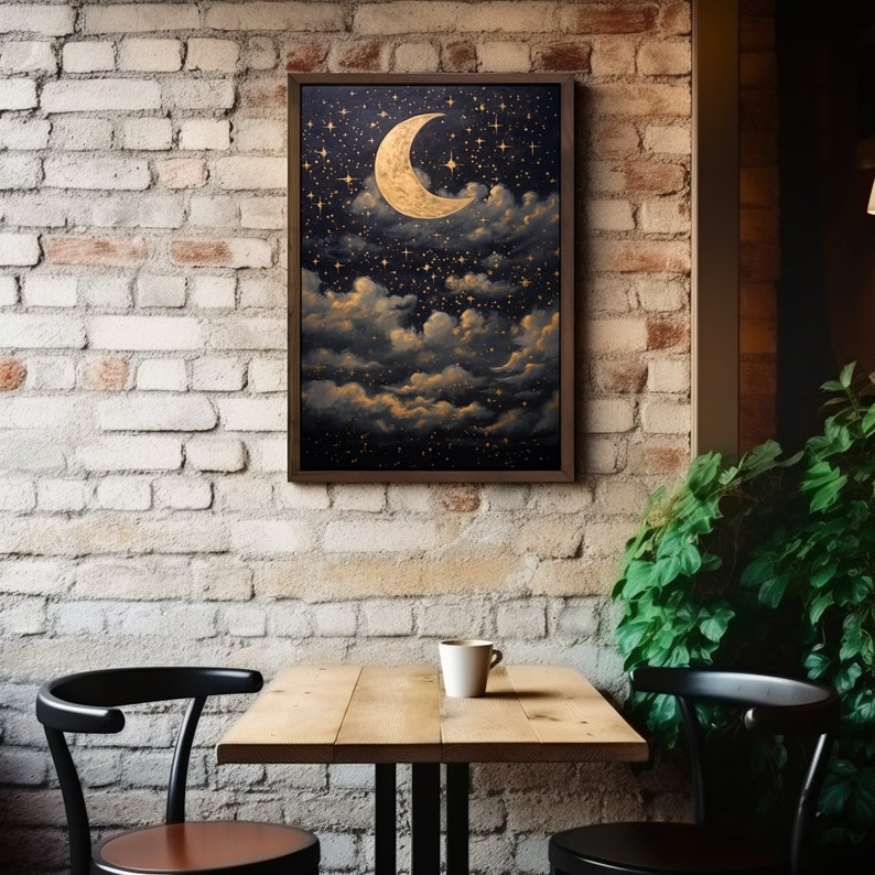 Printable Crescent Moon Starry Night Sky Oil Painting, Vintage Star Gazing Wall Art, Evening Sky Print, Moody Celestial Artwork, Dark Galaxy Bild 4