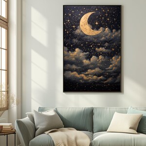 Printable Crescent Moon Starry Night Sky Oil Painting, Vintage Star Gazing Wall Art, Evening Sky Print, Moody Celestial Artwork, Dark Galaxy Bild 5