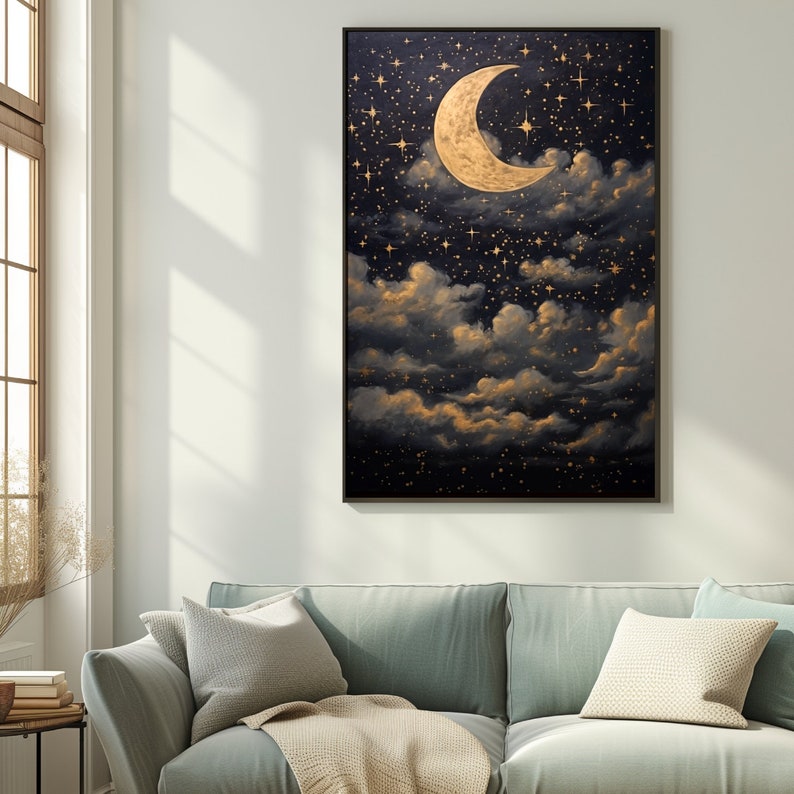 Printable Crescent Moon Starry Night Sky Oil Painting, Vintage Star Gazing Wall Art, Evening Sky Print, Moody Celestial Artwork, Dark Galaxy Bild 5