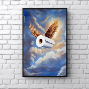 Puede incluir: Un rollo de papel higiénico blanco con alas doradas volando por un cielo azul con nubes blancas.
