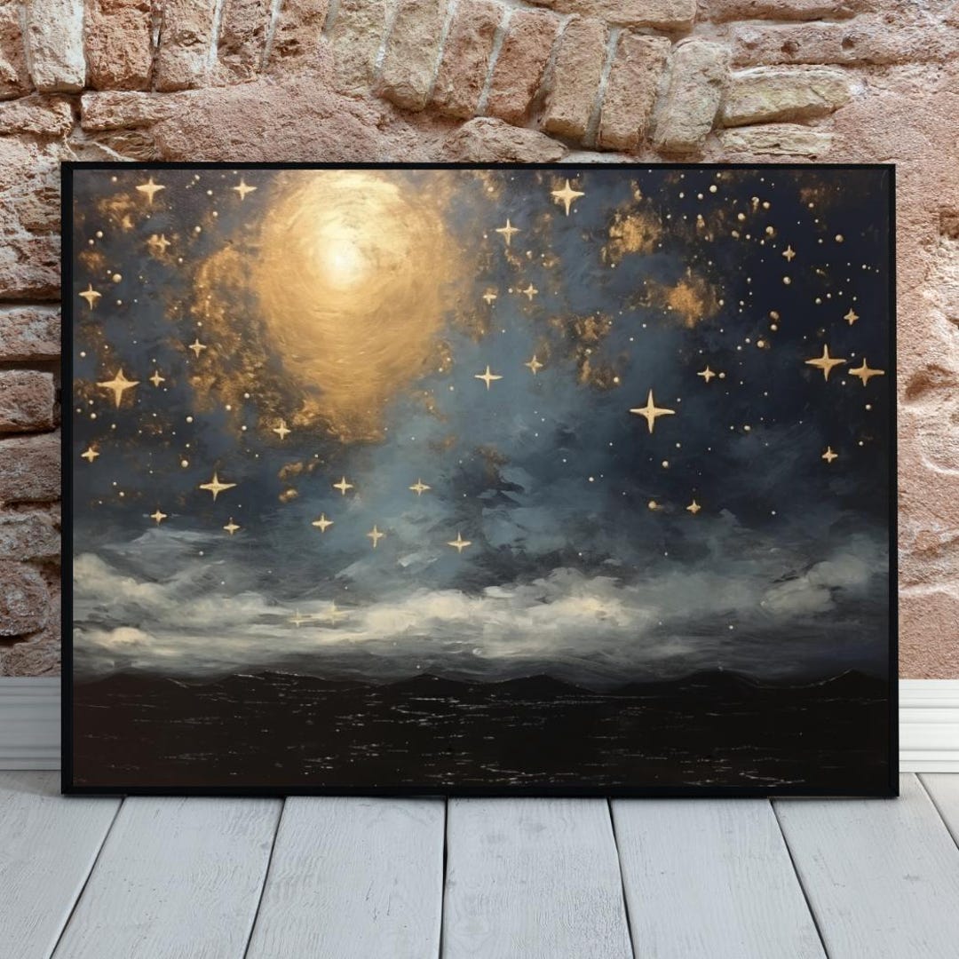 Moody Moon and Stars Art Print, Printable Night Sky Wall Art, Golden ...