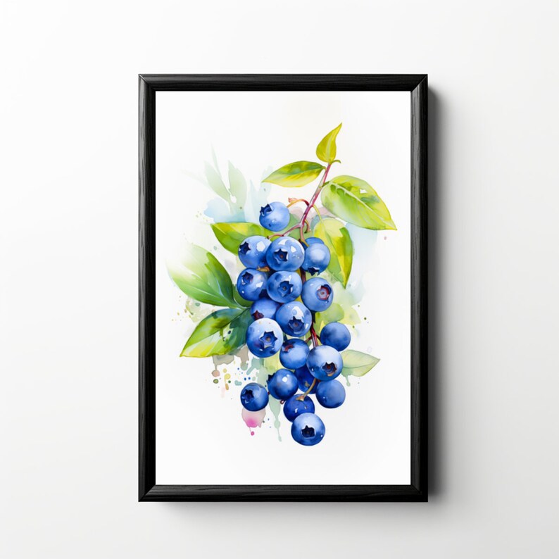 Watercolor Fruit Print Set, Printable Blueberries Raspberries Wall Art