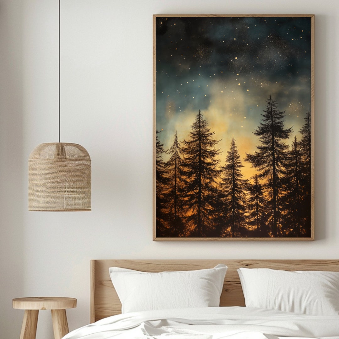 Night Sky Forest Print, Printable Dark Pine Tree Wall Art, Vintage ...