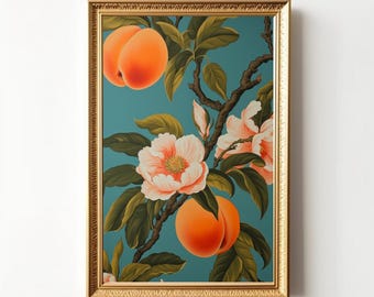 Boho Peach Print, Printable Vintage Peach Tree Wall Art, Vintage Peony Peaches Floral Decor, Teal Botanical Fruit Cottage Rental DIY Artwork