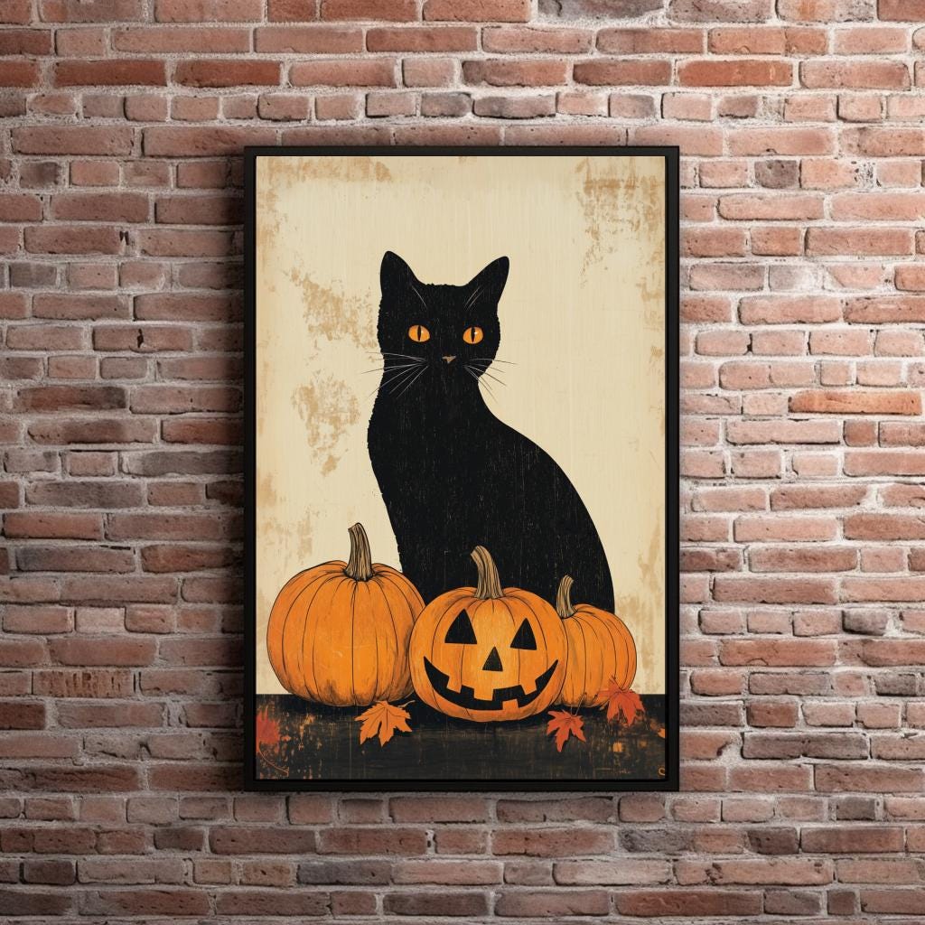 Vintage Black Cat Print, Printable Halloween Cat Wall Art Jack O ...