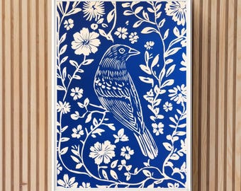 Printable Block Art Bird, Vintage Folk Art Poster, Scandinavian Bedroom Decor Boho Floral Minimalist Wall Art Cottagecore Linocut Artwork