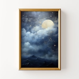 Vintage Starry Night Sky Painting, Printable Midnight Moon Wall Art, Star Gazing Mountains, Celestial Print, Dark Academia, Misty Mountains