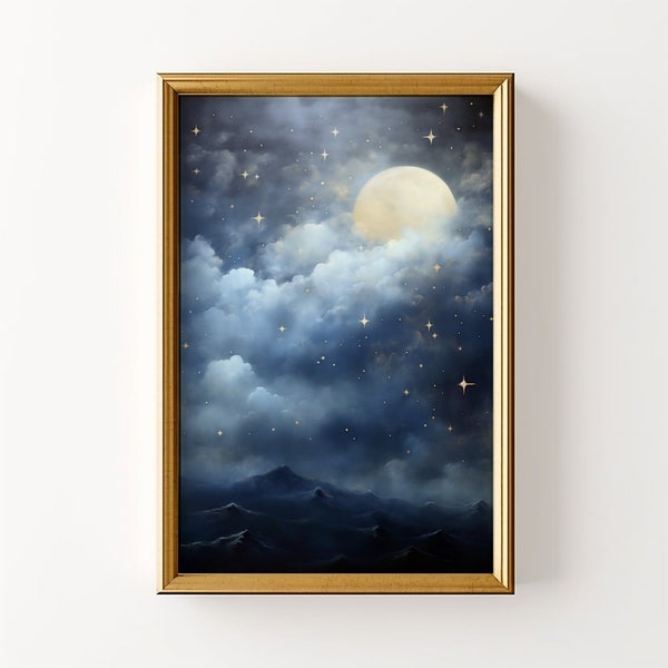 Vintage Starry Night Sky Painting, Printable Midnight Moon Wall Art, Star Gazing Mountains, Celestial Print, Dark Academia, Misty Mountains