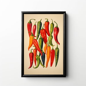 Puede incluir: Una ilustración vintage de una colección de chiles rojos, naranjas, amarillos y verdes. Los chiles están dispuestos en un racimo, con algunos superpuestos. El fondo es de color beige claro.