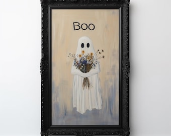 Wildflower Ghost Print: Printable Ghost Wall Art, Rustic Halloween Decor, Soft Gothic Art Print, Spooky Painting Digital Download