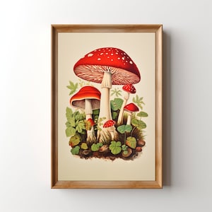 Retro Mushroom Print, Printable Mushroom Wall Art, Vintage Toadstool Mushroom Lithograph Cottage Kitchen Artwork Botanical Fungi Dorm Poster