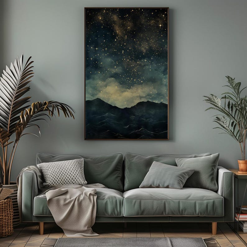Moody Night Sky Art Print, Printable Starry Mountain Wall Art, Retro ...